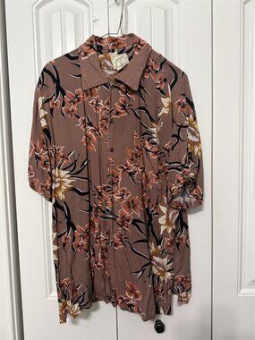 Coconut Pier Hawaiian Shirt Mens Large Rayon Tropical Flower Floral Beige Orange